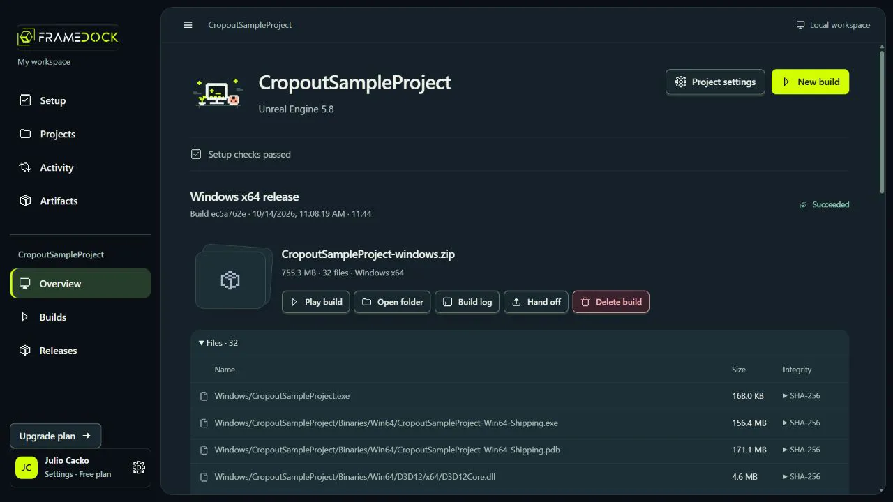 The Cropout Shipping artifact: its files, sizes and SHA-256 controls.