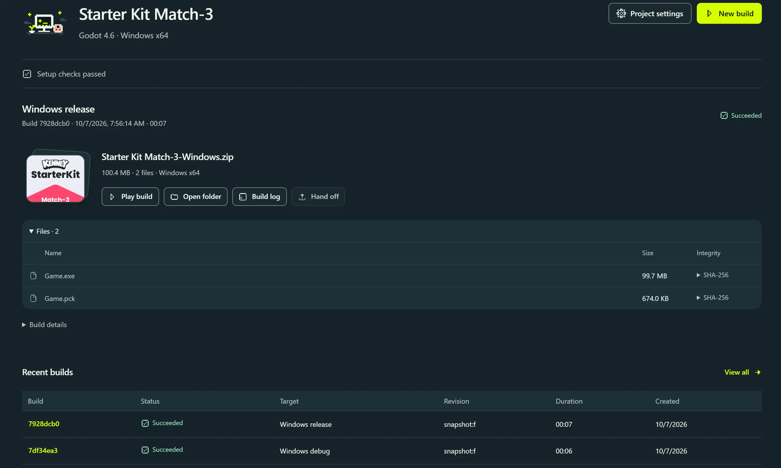 The frameDock Godot project overview, showing its verified Windows artifact, file manifest and recent builds.