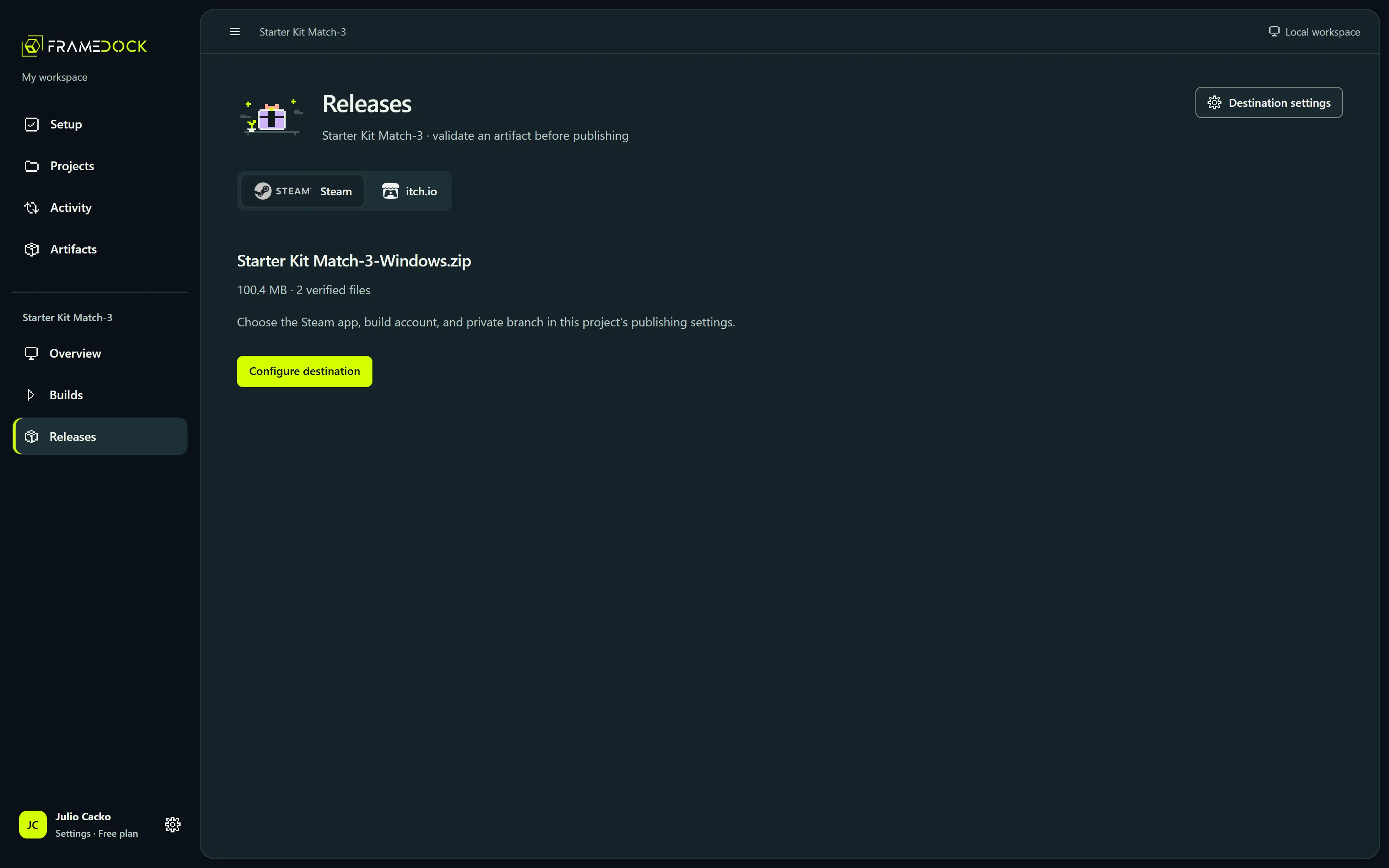 frameDock Releases page for Starter Kit Match-3 with Steam and itch.io tabs, the artifact Starter Kit Match-3-Windows.zip with 2 verified files, and a Configure destination action.