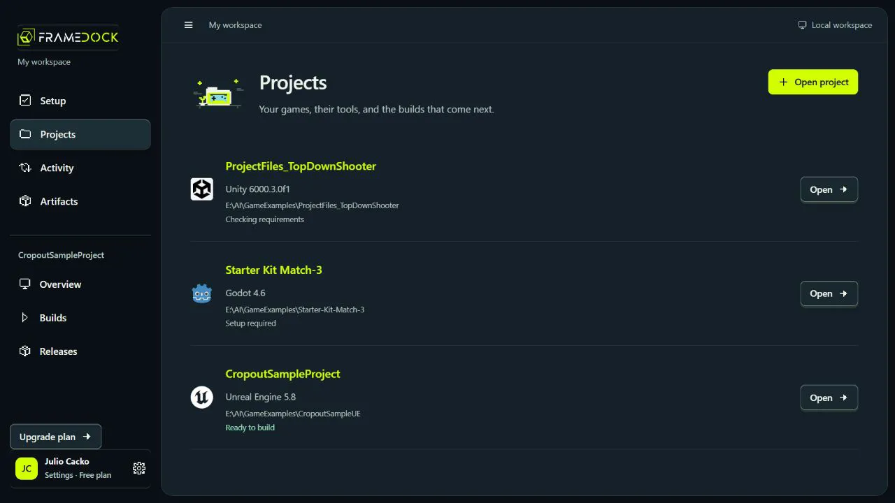 Current frameDock Projects page: TopDownShooter on Unity 6000.3 checking requirements, Starter Kit Match-3 on Godot 4.6 needing setup, and Cropout on Unreal Engine 5.8 ready to build.
