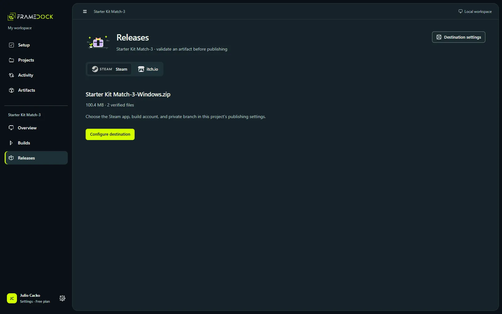 The Releases view ties an artifact to its destination profiles.