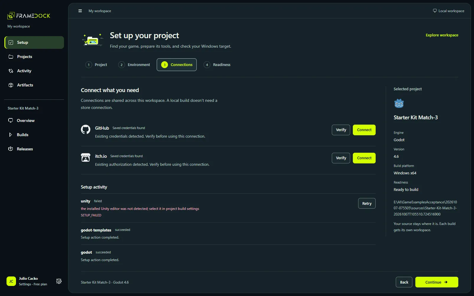 Recorded Windows Godot example: connect publishing services only if needed. Open the full-size capture to inspect the interface.