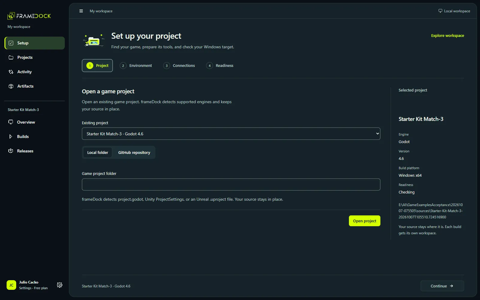 Open your existing game in the Project stage. Actual recorded application example.