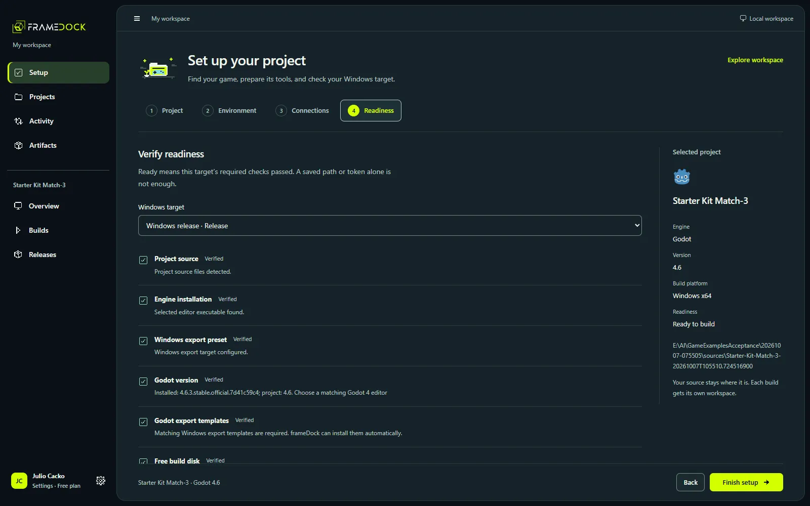 Recorded Windows Godot example: run the final readiness checks. Open the full-size capture to inspect the interface.